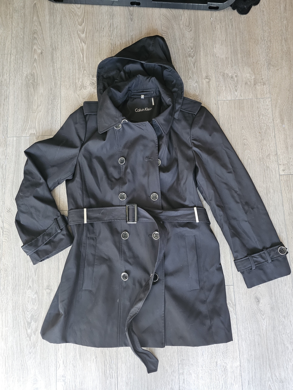 Calvin Klein Black Double-Breasted Trench Coat with Hood and Belt